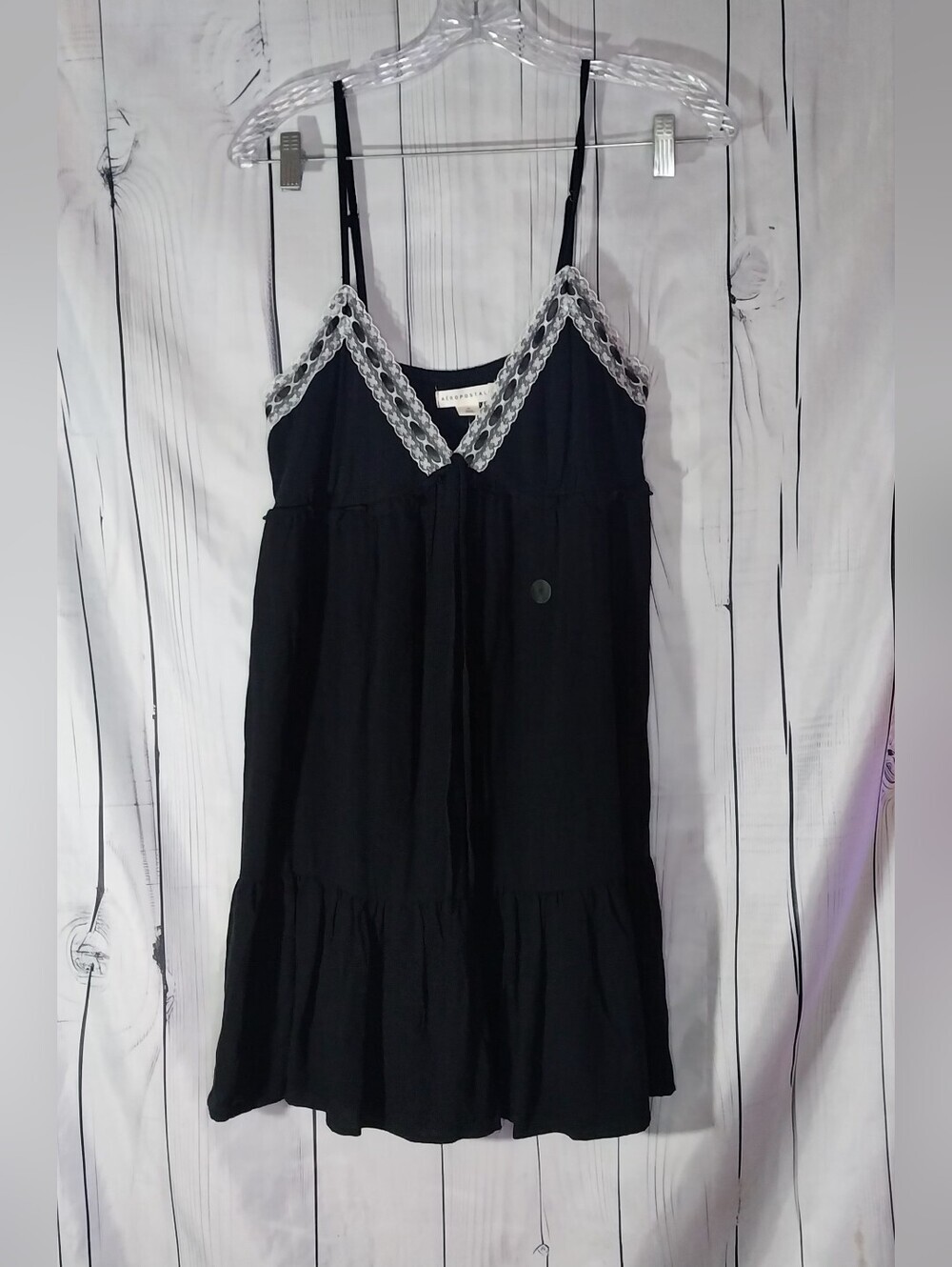 Aeropostale Solid Black V-Neck Lace Trim Tiered Babydoll Mini Dress NWT